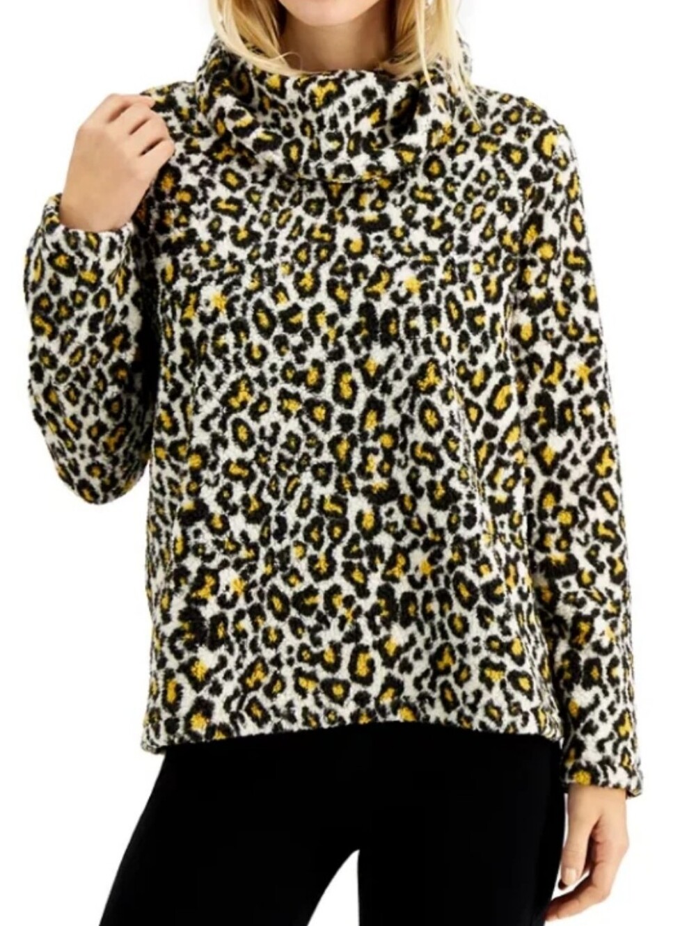 Style & Co Leopard Print Faux Fur Funnel Neck Pullover Size Medium